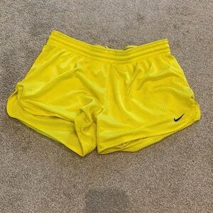 Nike Women's Bright Yellow Mesh Athletic Shorts with Navy Swoosh